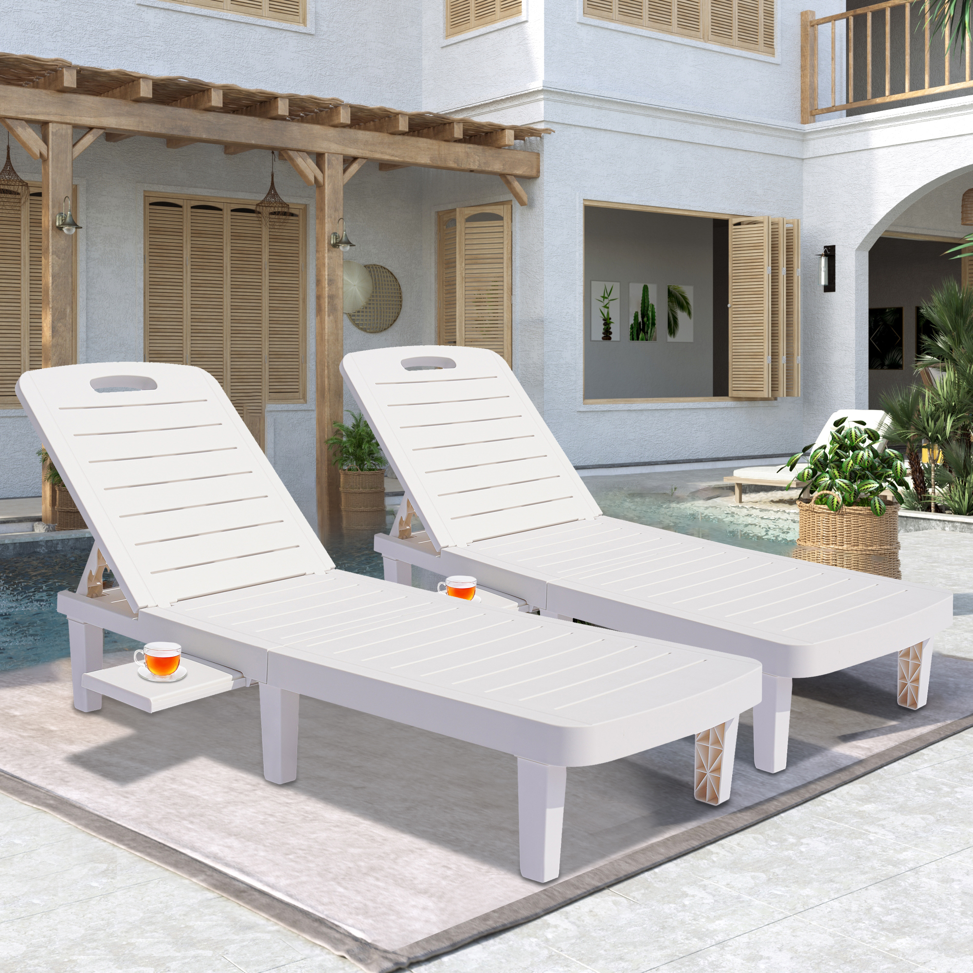 Patio Lounge Chair Set of 2, Adjustable Chaise with Side Table, Outdoor Lounger Recliner for Poolside, Patio, Backyard, Wood Texture Design | Waterproof | Easy to Assemble | Max Weight 330 lbs White - image 1 of 10