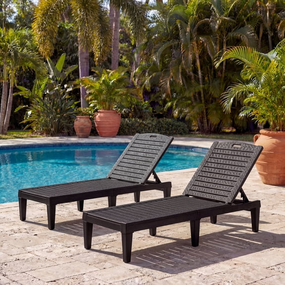 Patio Lounge Chair Set of 2, Outdoor Chaise with Adjustable Backrest, Outdoor Lounger Recliner for Poolside, Patio, Backyard, Resin Material | Waterproof | Easy to Assemble | Max Weight 440 lbs Black
