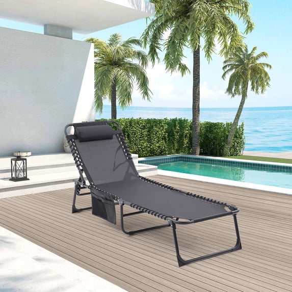 Patio Lounge Chair Set of 2, Outdoor Lounger Recliner with Pillow and Side Pocket for Poolside, Patio, Backyard, Folding Textilene Waterproof Patio Chaise Lounge Chair Support for 350 LBS, Black