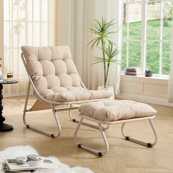 Patio Lounge Chair with Ottoman, Sling Recliner Chair with Cushion, for Backyard Outdoor Use, Beige