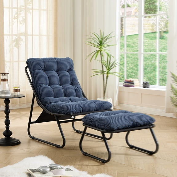 Patio Lounge Chair with Ottoman, Sling Recliner Chair with Cushion, for Backyard Outdoor Use, Black & Navy Blue