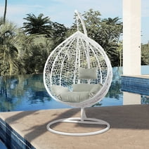 Patio Lounge Chair with White Metal Stand, Comfortable Grey Cushion, Wicker Rattan Hanging Swing Chair for Bedroom, Balcony, Garden