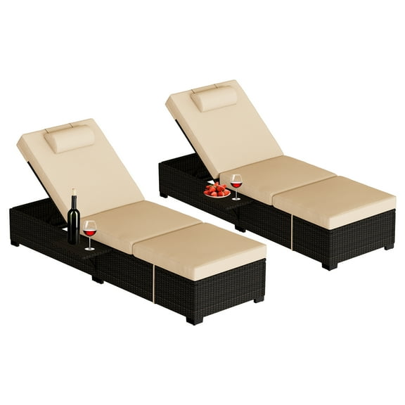 Patio Lounge Chairs, Outdoor PE Wicker Chaise Lounge Set of 2,Chaise Lounge Chair Outdoor，Pool Furniture,Brown Rattan Recliners with Adjustable Backrest,Storage Table