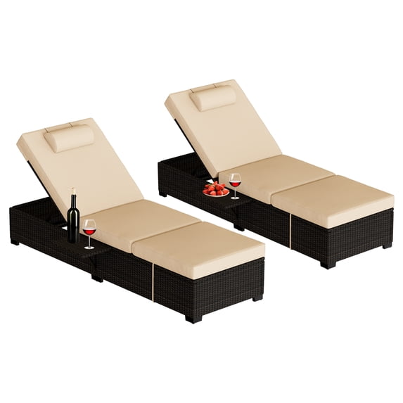 Patio Lounge Chairs, Outdoor PE Wicker Chaise Lounge Set of 2,Chaise Lounge Chair Outdoor,Pool Furniture,Brown Rattan Recliners with Adjustable Backrest,Storage Table