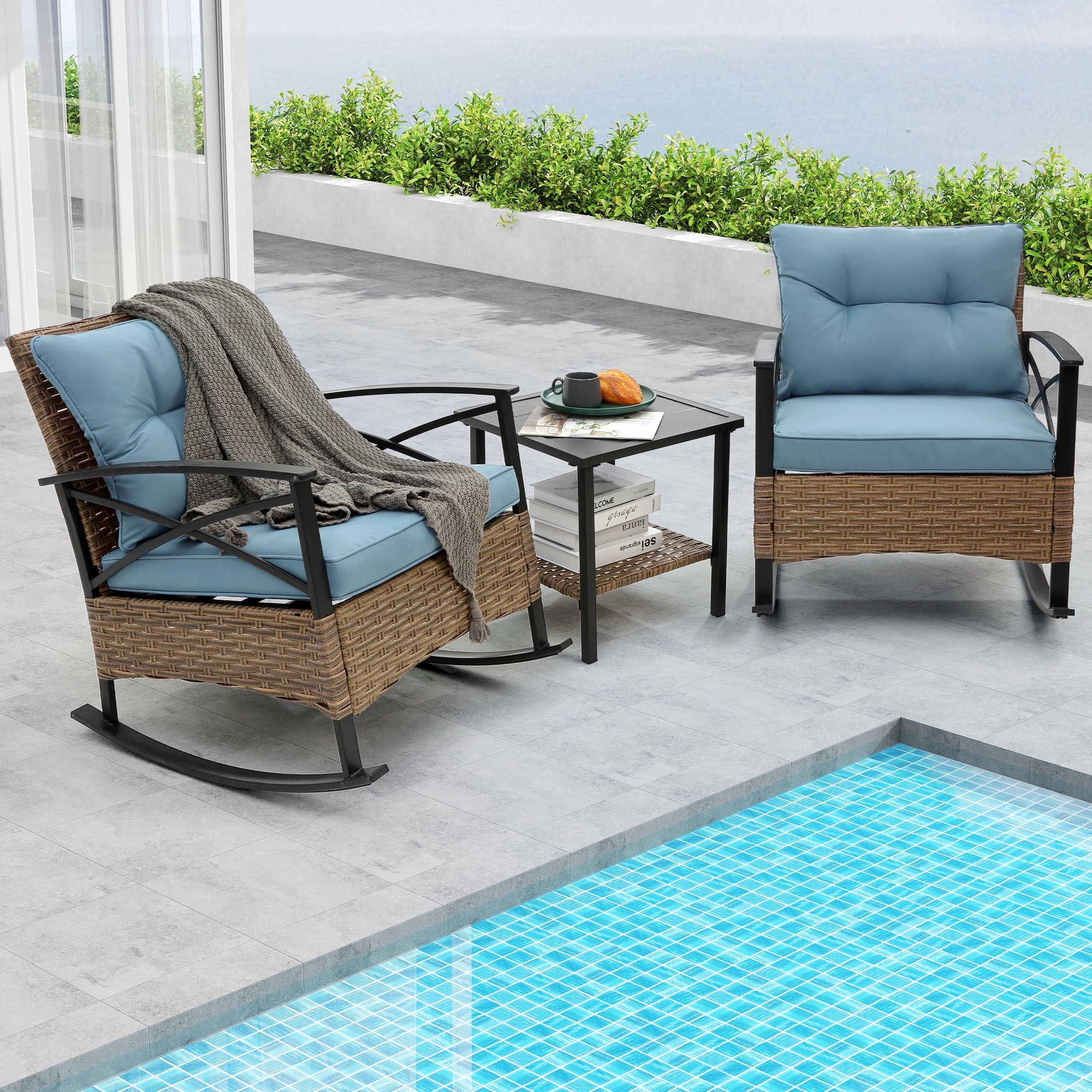 Enyopro 3-Piece Patio Furniture Set, Outdoor Wicker Conversation Set with Coffee Table, All-Weather Rattan Chairs & Cushions, Modern Patio Seating for Garden, Balcony, or Backyard, Blue
