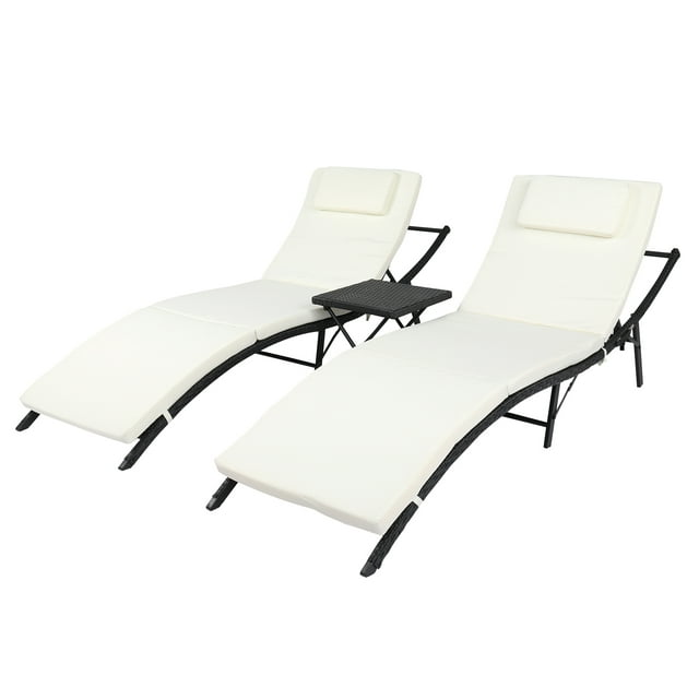 Outdoor Chaise Lounge Set of 3, BTMWAY Patio Wicker Lounge Chairs w/Coffee Table, Adjustable Backrest, Cushions, Rattan Sunbathing Reclining Lounge Chairs for Outside, Pool Lounge Furniture, AA3237