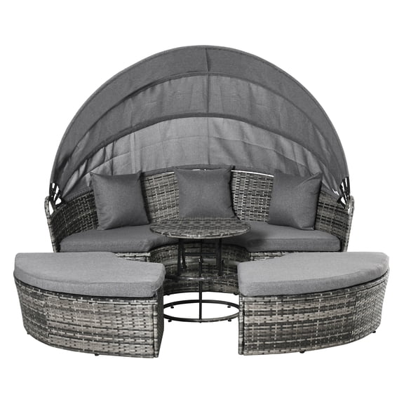 Patio Lounge Set, 4-Piece PE Rattan Wicker Outdoor Sectional with Retractable Canopy, Adjustable Coffee Table and Cushions, 69 x 71 x 58 Inches, Gray for Garden and Backyard Use