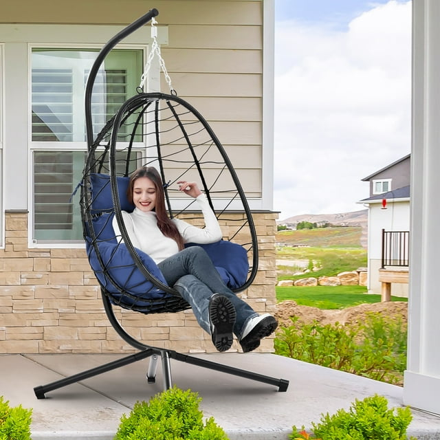 Patio Lounger Egg Chair, Outdoor Hanging Chaise Swing Egg-Shaped Chair w/Hanging Kits, Durable All-Weather UV Wicker Patio Rattan Lounge Chair for Bedroom, Patio, Deck, Yard, Garden, 350lbs, SS1993