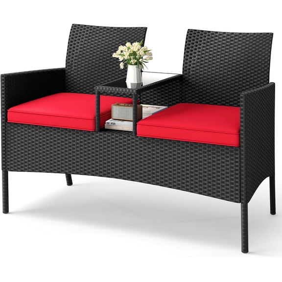 Patio Loveseat with Built-in Table, Wicker 2-Seat Furniture with Soft Cushions & Tempered Glass Tabletop, Metal Frame Outdoor Conversation Seating Bench for Backyard, Porch