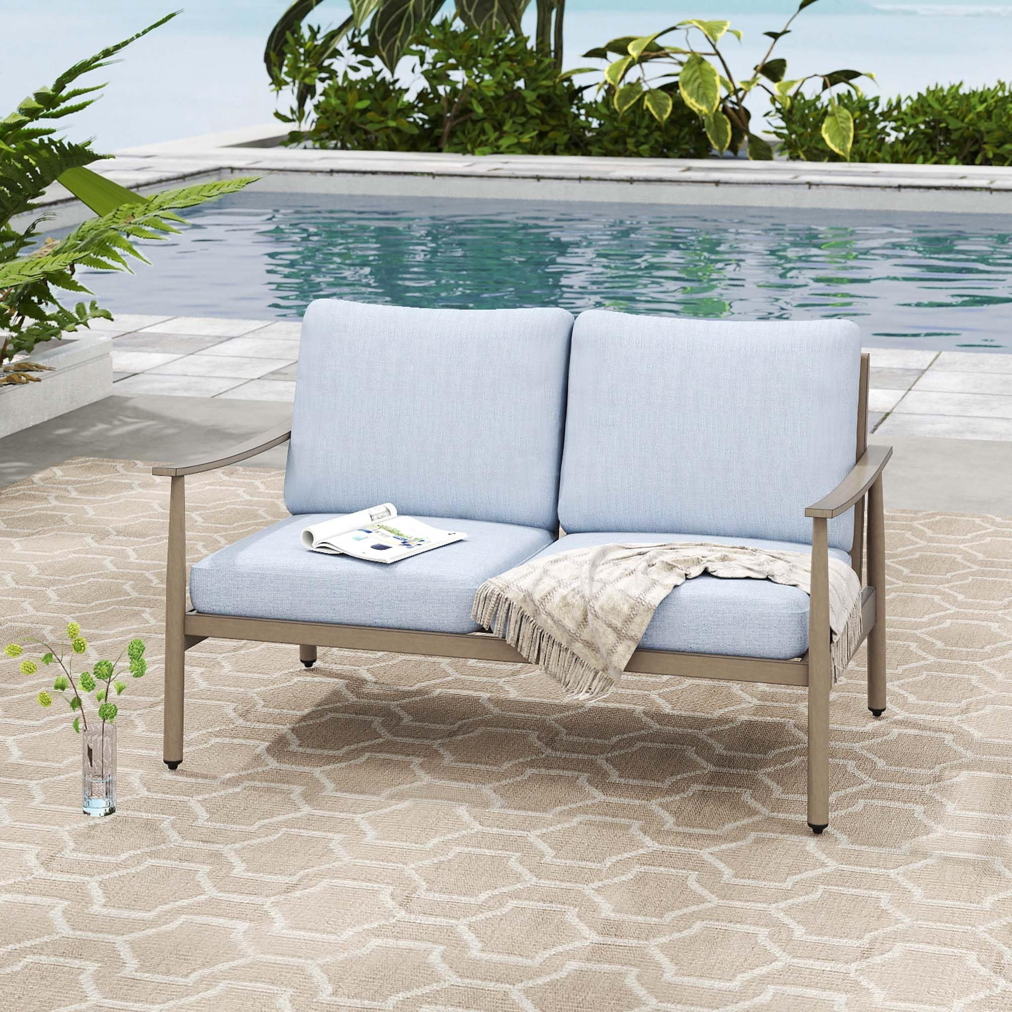 Patio Loveseat Outdoor Couch Aluminum 2 Seater Sofa with Thick Cushion Deep Seat Waterproof Patio Furniture for Deck Porch Backyard, Blue