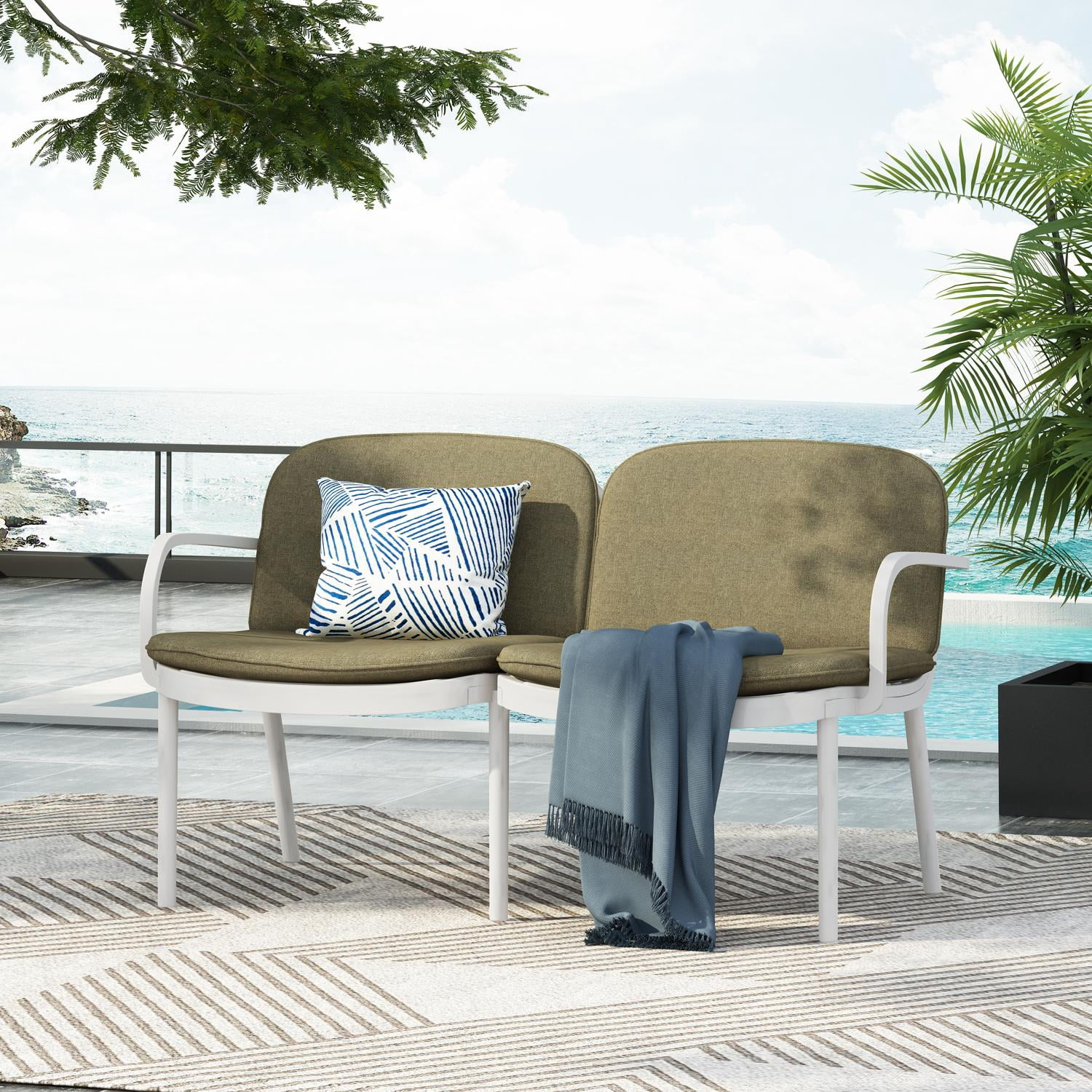 Patio Loveseat, Outdoor PP Sofa with Vibrant Green Cushion and Sturdy White Frame, Low Maintenance Design for Outdoor Seating, White Frame with Green Cushion