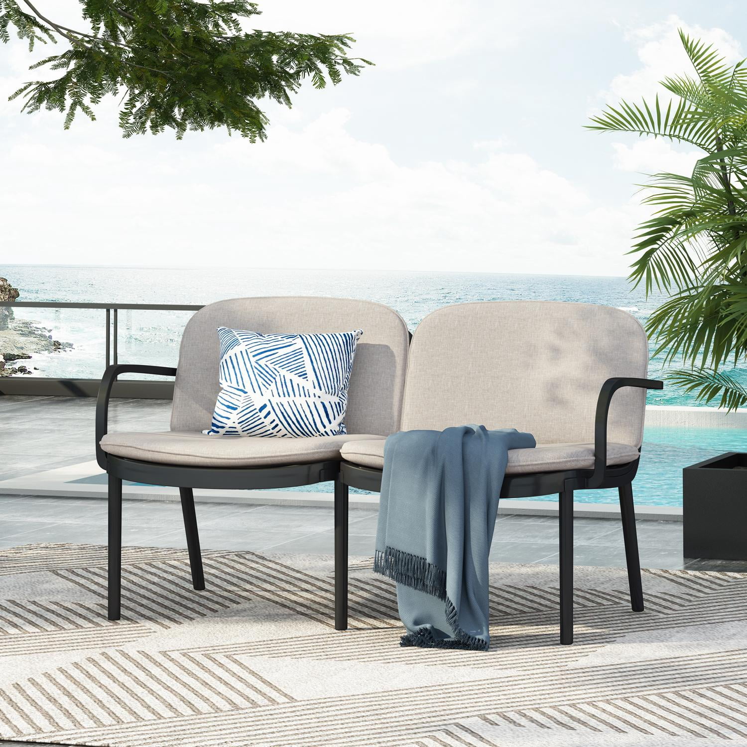 Patio Loveseat, Outdoor PP Sofa with Water-Repellent Fabric Cushion and High-Density Polypropylene Frame, Easy to Clean Design for Garden and Patio, Black Frame with Beige Cushion