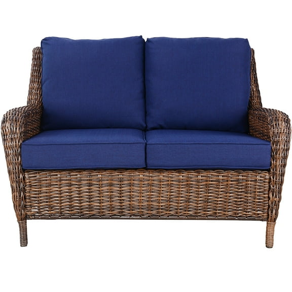 Patio Loveseat Sofa All-weather Outdoor Rattan Conversation Set with Cushion,Navy
