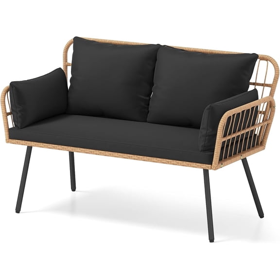 Patio Loveseat Sofa Rattan Wicker 2-Seater Couch with Cushions & Lumbar Pillows, Metal Legs, Outdoor Furniture for Balcony, Porch, Deck (Black)