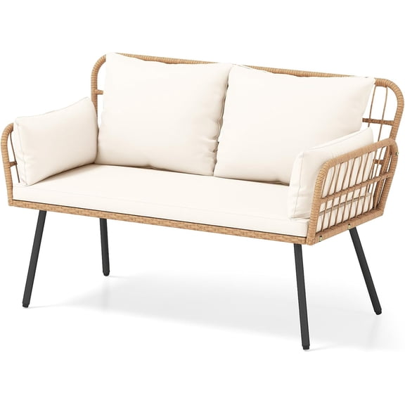 Patio Loveseat Sofa Rattan Wicker 2 - Seater Couch with Cushions & Lumbar Pillows, Metal Legs, Outdoor Furniture for Balcony, Porch, Deck (Off White)