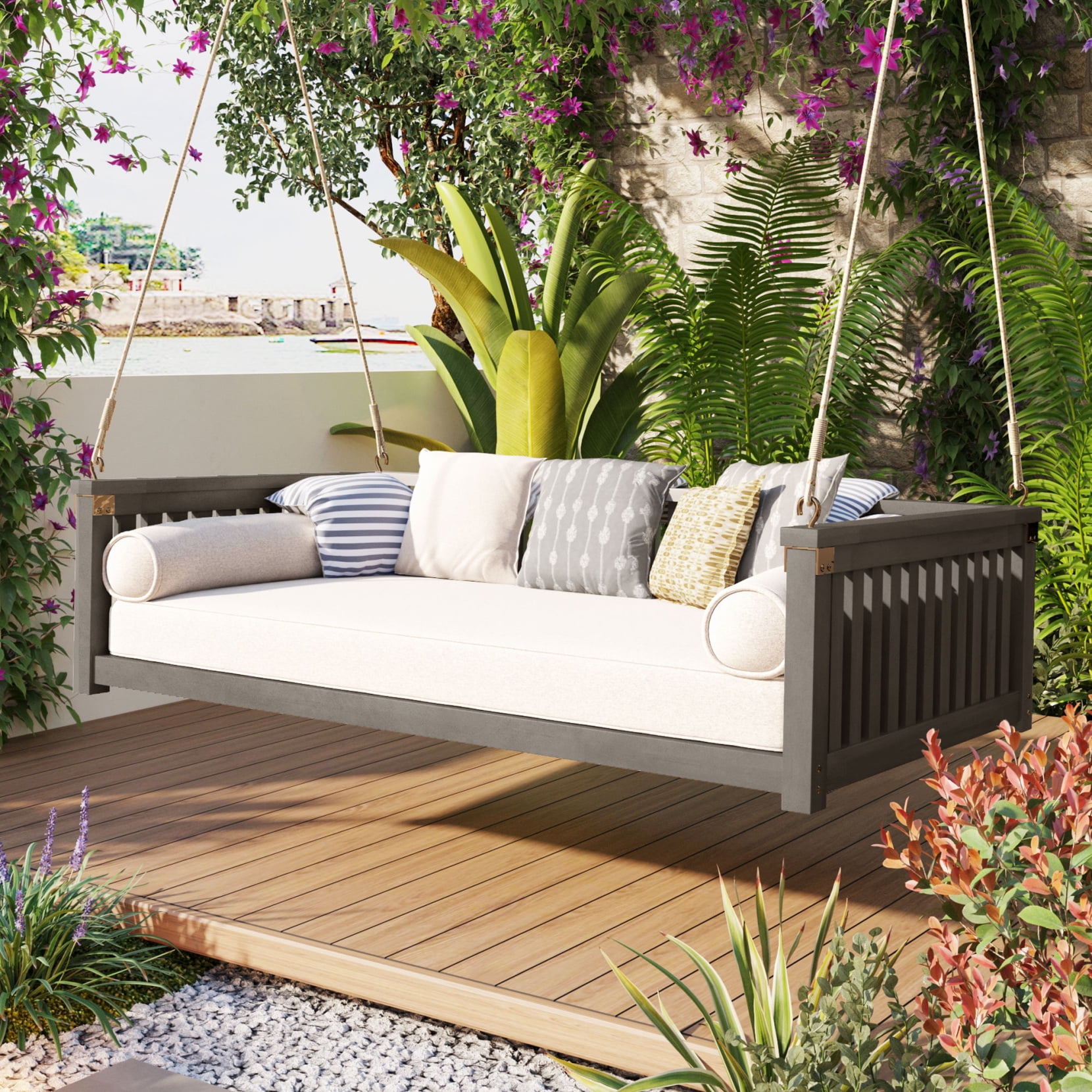 Patio Minimalist Twin Size Swing Bed Wood Porch Swing Daybed with Hemp Ropes Safe Sloped Design Patio Hanging Swing Sofa Bed for Backyard Garden