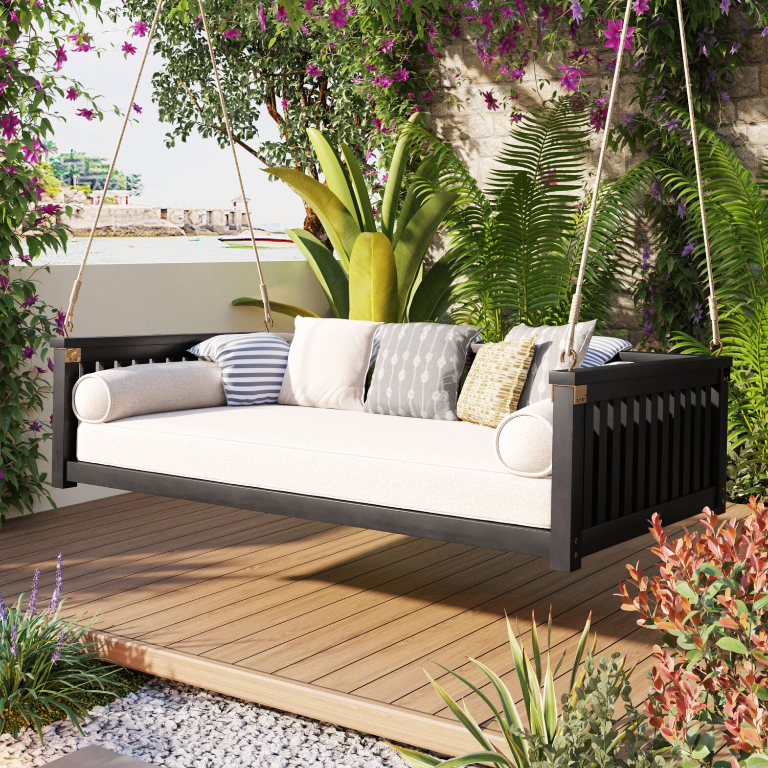 Minimalist Patio Twin Swing Bed, Wood Porch Daybed with Hemp Ropes