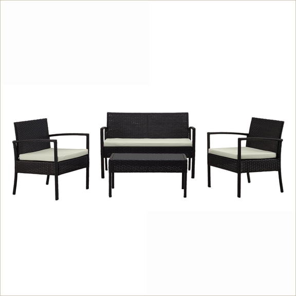 Patio Modern 4-Piece Outdoor Conversation Set | Patio Seating with Coffee Table | Black + Cream | Metal