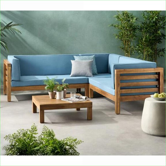 Patio Modern V-Shaped 4-Piece Outdoor Sectional Sofa Set with Cushions & Coffee Table, for Backyard Porch | Blue | Acacia Wood