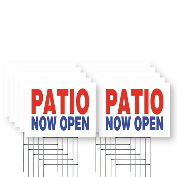 Patio Now Open Yard Sign 10 Pack of 12 Inch x 16 Inch Single Sided Weatherproof Heavy-Duty Plastic with Stake | Restaurant Promotions, Outdoor Dining, Clear Messaging | Made in USA