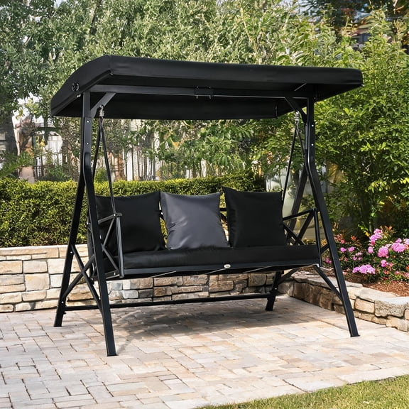 Patio Oasis in Sleek Black: 3-Seater Canopy Swing Chair with Cushion Pillows, 660 lbs Capacity