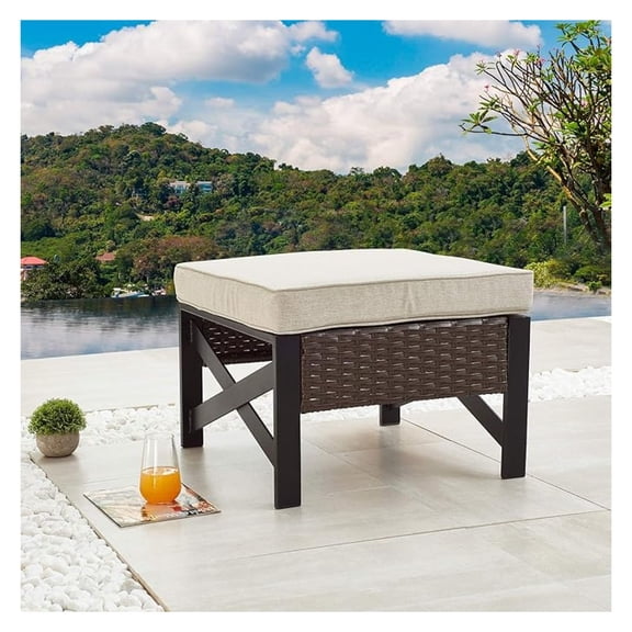 Patio Ottoman Footstool, Outdoor Wicker Rattan Foot Rest, Square Garden Furniture with Cushion