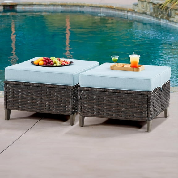 Patio Ottoman Set of 2, All Weather Outdoor Rattan Ottomans Patio Footstools with Removable Cushions for Garden Backyard Porch(Brown/Azure)