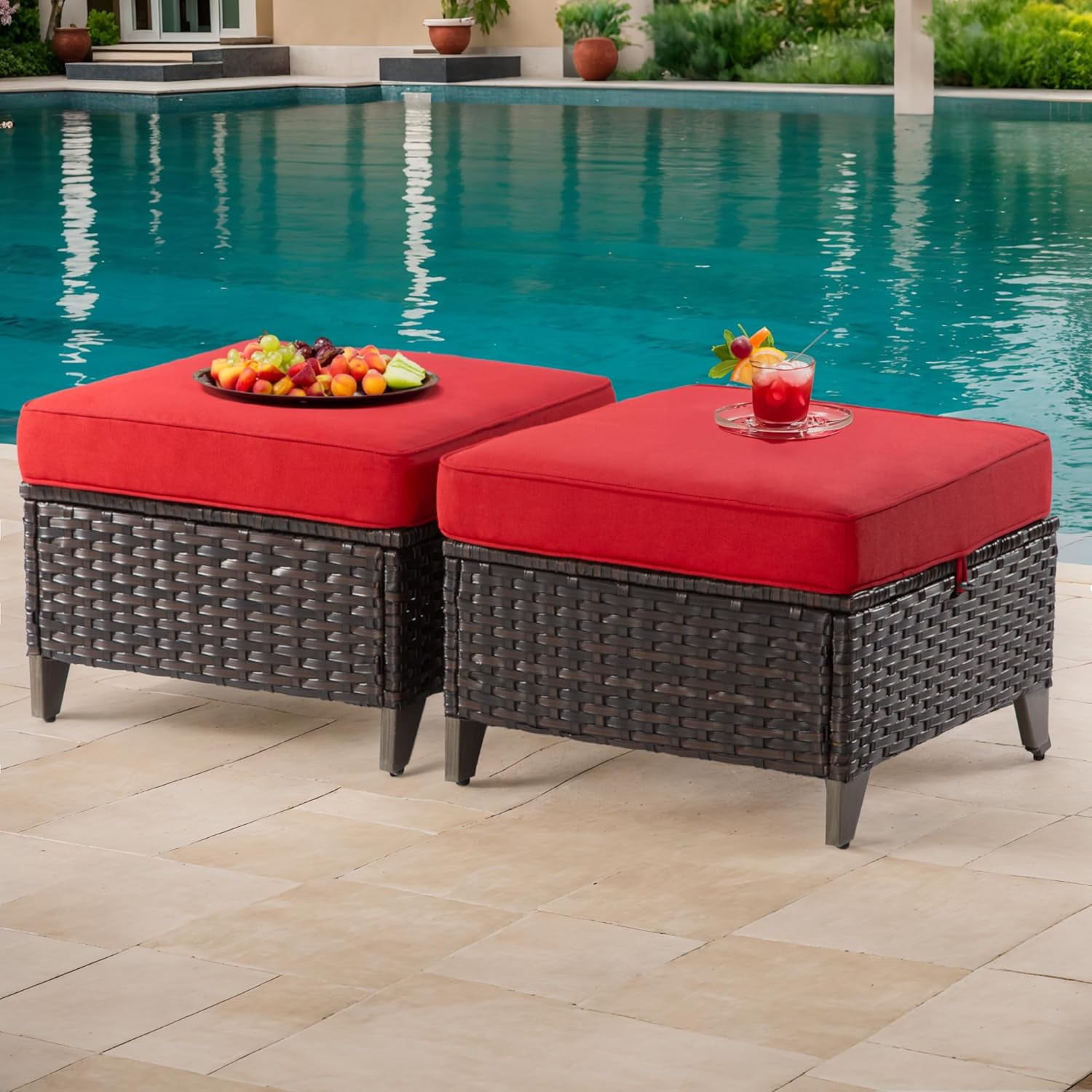 Patio Ottoman Set of 2, All Weather Outdoor Rattan Ottomans Patio ...