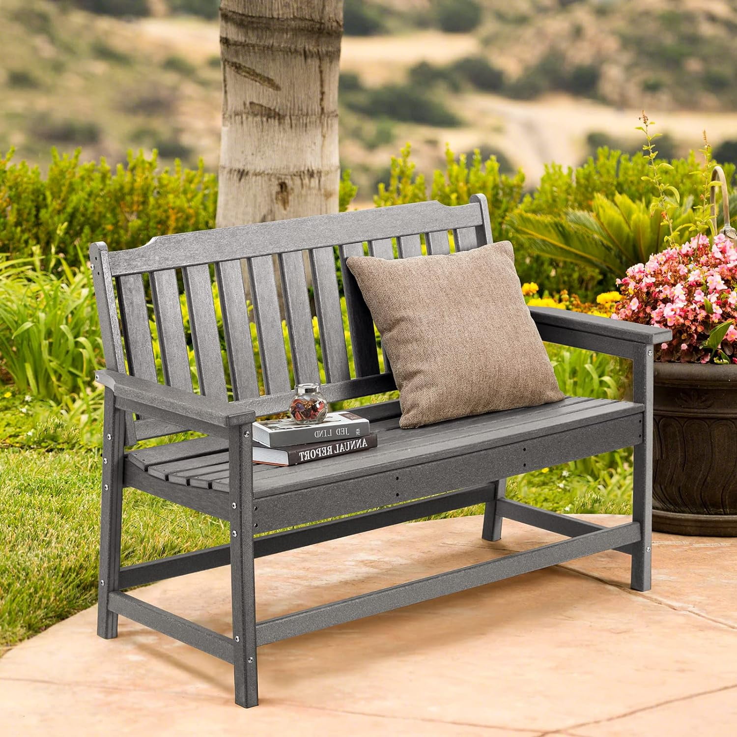 Patio Outdoor Bench Garden Bench With Armrests,HDPE Weatherproof Porch ...