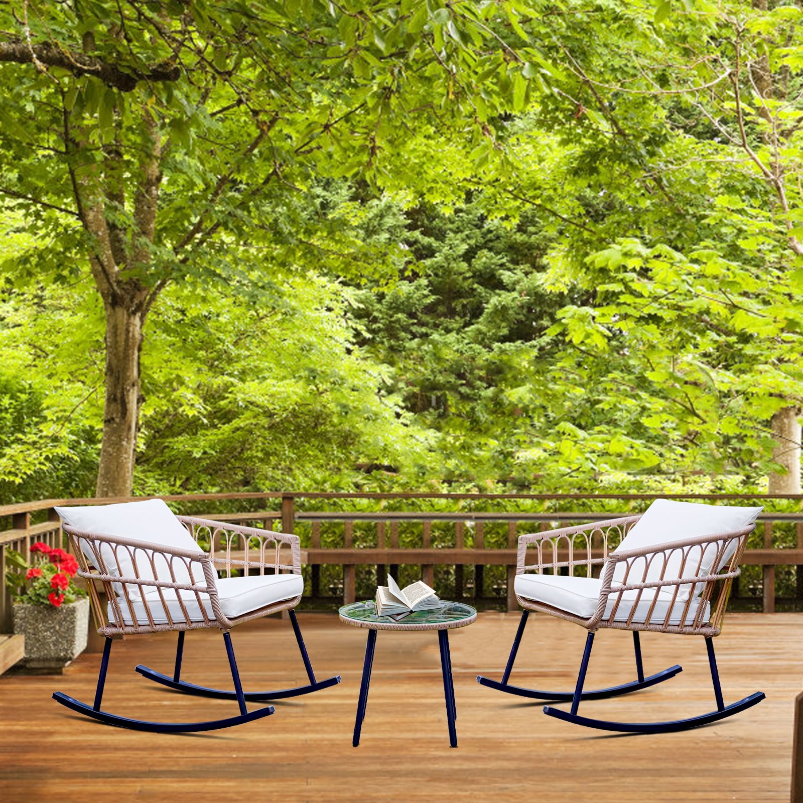 Patio Outdoor Boho Balcony Furniture Rocking Chairs Set Wicker Rattan Small Patio Conversation Rocking Chairs and Glass Table 3 Piece Chat Set with Waterproof Cushions Walmart