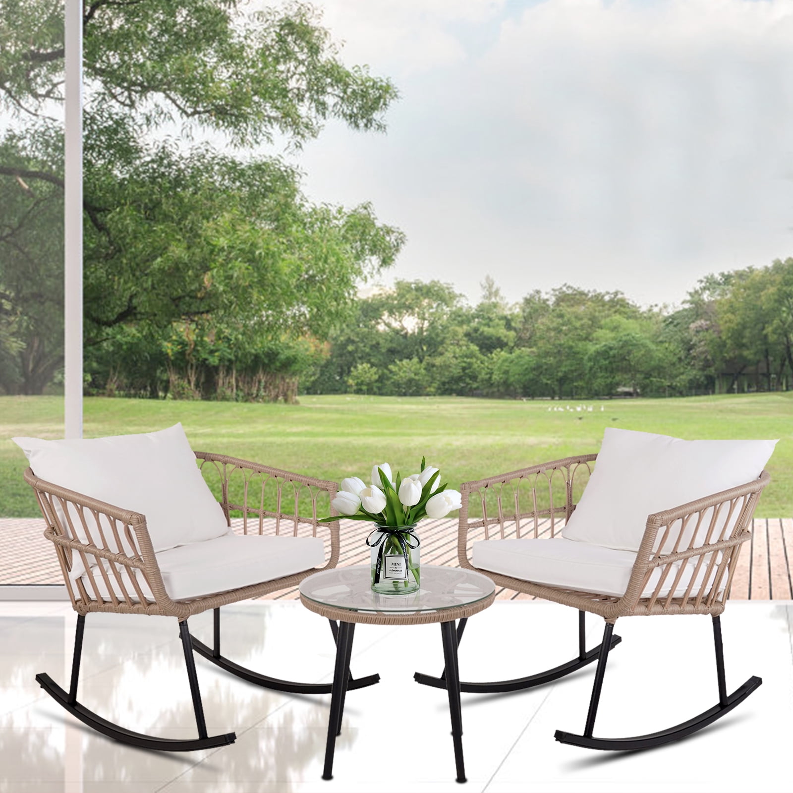 Patio Outdoor Boho Balcony Furniture Rocking Chairs Set,Wicker Rattan ...