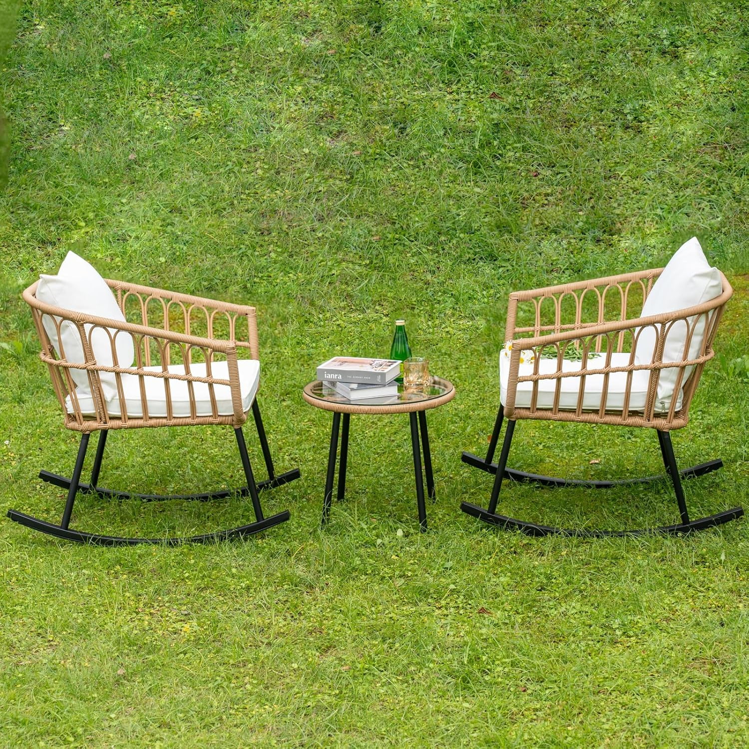 Patio Outdoor Boho Balcony Furniture Rocking Chairs Set,Wicker Rattan ...