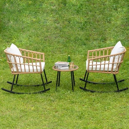 Patio Outdoor Boho Balcony Furniture Rocking Chairs Set,Wicker Rattan ...