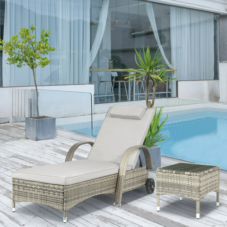 Patio Outdoor Chaise Lounge Chair With Side Table Recliner Patio Rattan Wicker Sun Lounger Chair With Armrest Cushioned Grey Adjustable Backrest Big