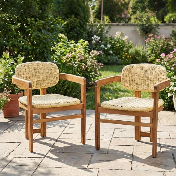 Patio Outdoor Contemporary 2-Seat Woven Rattan Chair Set with Acacia Wood Frame, Natural Finish