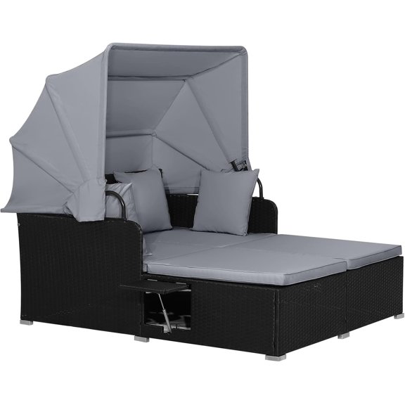 Patio Outdoor Daybed with Canopy, Wicker Sunbed w/Cushions, 4 Pillows & 2 Retractable Side Trays, 2-Person Lounge Bed Conversation for Poolside Porch Garden, Rattan Outdoor Bed (Grey)