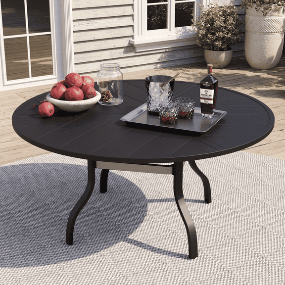 Patio Outdoor Dining Round Table for 6, Metal Steel Rectangle Furniture Table with Umbrella Hole for Garden Backyard, Black