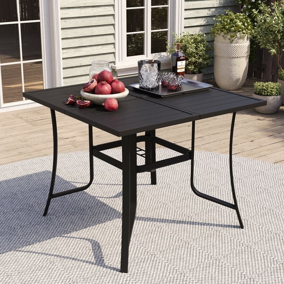 Patio Outdoor Dining Table for 4, Metal Steel Rectangle Furniture Table with Umbrella Hole for Garden Backyard, Black