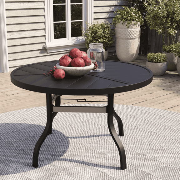 Patio Outdoor Dining Table Round for 4, Metal Steel Rectangle Furniture Table with Umbrella Hole for Garden Backyard, Black