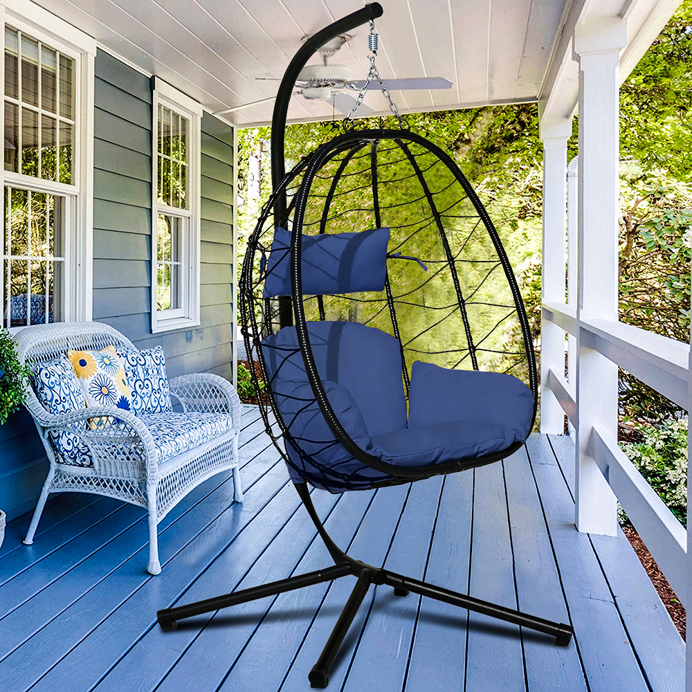 Patio Outdoor Egg Chair, Wicker Hanging Egg Chair with Navy Blue Cushion, Hanging Egg Chair with Stand, Swinging Egg Chair for Indoor Bedroom Garden Balcony, Patio Furniture Lounge Chair Set, W8046 - image 1 of 8