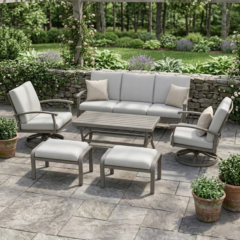 Patio Outdoor Furniture Set - 6 Pieces Aluminum Outdoor Conversation Set with 1 Three-Seater Sofa, 1 Coffee Table, 2 Swivel Chairs, and 2 Ottomans for Yard, Porch, and Deck