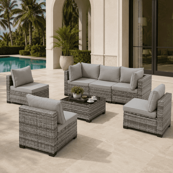 Seizeen Outdoor Furniture, 7PCS Patio Furniture Set Sectional Sofa with Cushions, Front Porch Balcony Furniture Conversation Couch Set with Table