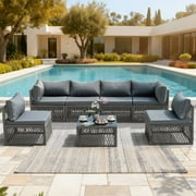 Clearance Outdoor Furniture Set of 7, Seizeen Rattan Wicker Patio Sectional Sofa Couch with Thickened Cushions, Luxurious Conversation Table Set for Porch Deck Backyard