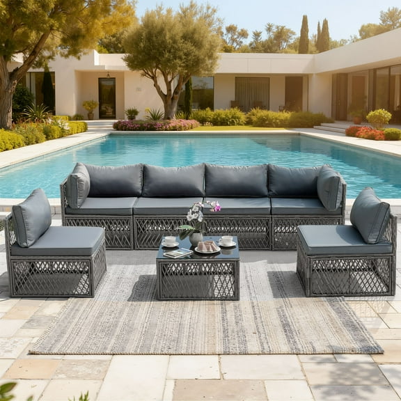 Clearance Outdoor Furniture Set of 7, Seizeen Rattan Wicker Patio Sectional Sofa Couch with Thickened Cushions, Luxurious Conversation Table Set for Porch Deck Backyard