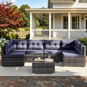 Patio Outdoor Furniture Sets, 7 Pieces All-Weather Rattan Sectional Sofa with Tea Table & Cushions, PE Rattan Wicker Sofa Couch Conversation Set for Garden Backyard Poolside