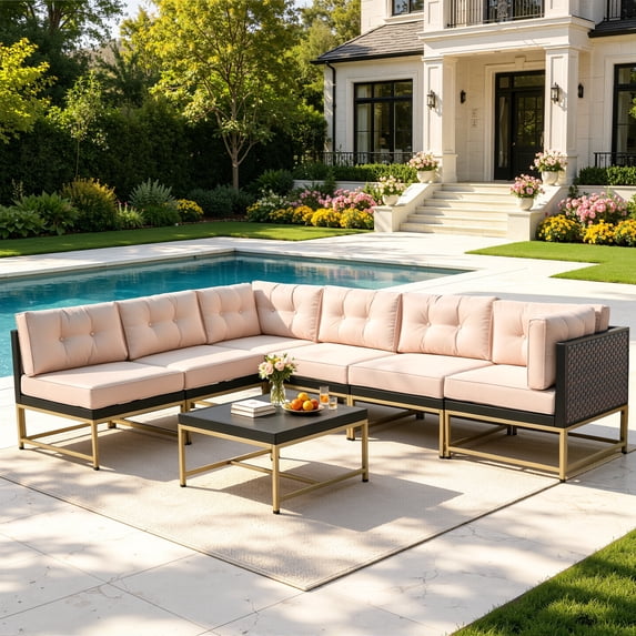 Patio Outdoor Furniture Sets, 7 Pieces All-Weather Rattan Sectional Sofa with Tea Table and Cushions, PE Rattan Wicker Sofa Couch Conversation Set for Garden Backyard Poolside