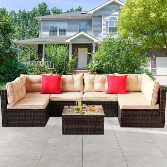 Patio Outdoor Furniture Sets, 7 Pieces All-Weather Rattan Sectional Sofa with Tea Table & Cushions, PE Rattan Wicker Sofa Couch Conversation Set for Garden Backyard Poolside