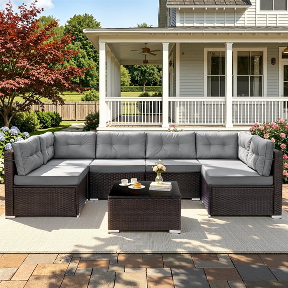Patio Outdoor Furniture Sets, 7 Pieces All-Weather Rattan Sectional Sofa with Tea Table & Cushions, PE Rattan Wicker Sofa Couch Conversation Set for Garden Backyard Poolside