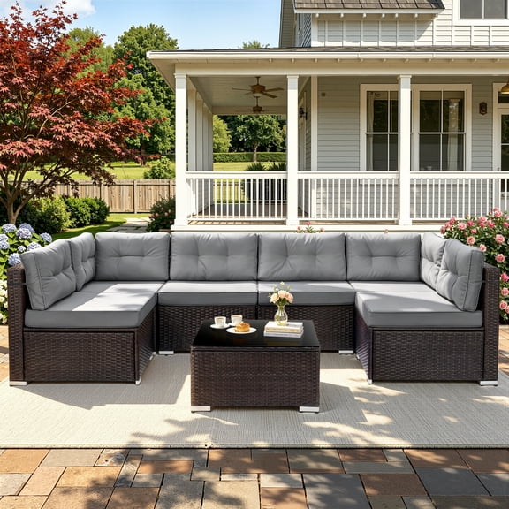 Patio Outdoor Furniture Sets, 7 Pieces All-Weather Rattan Sectional Sofa with Tea Table & Cushions, PE Rattan Wicker Sofa Couch Conversation Set for Garden Backyard Poolside
