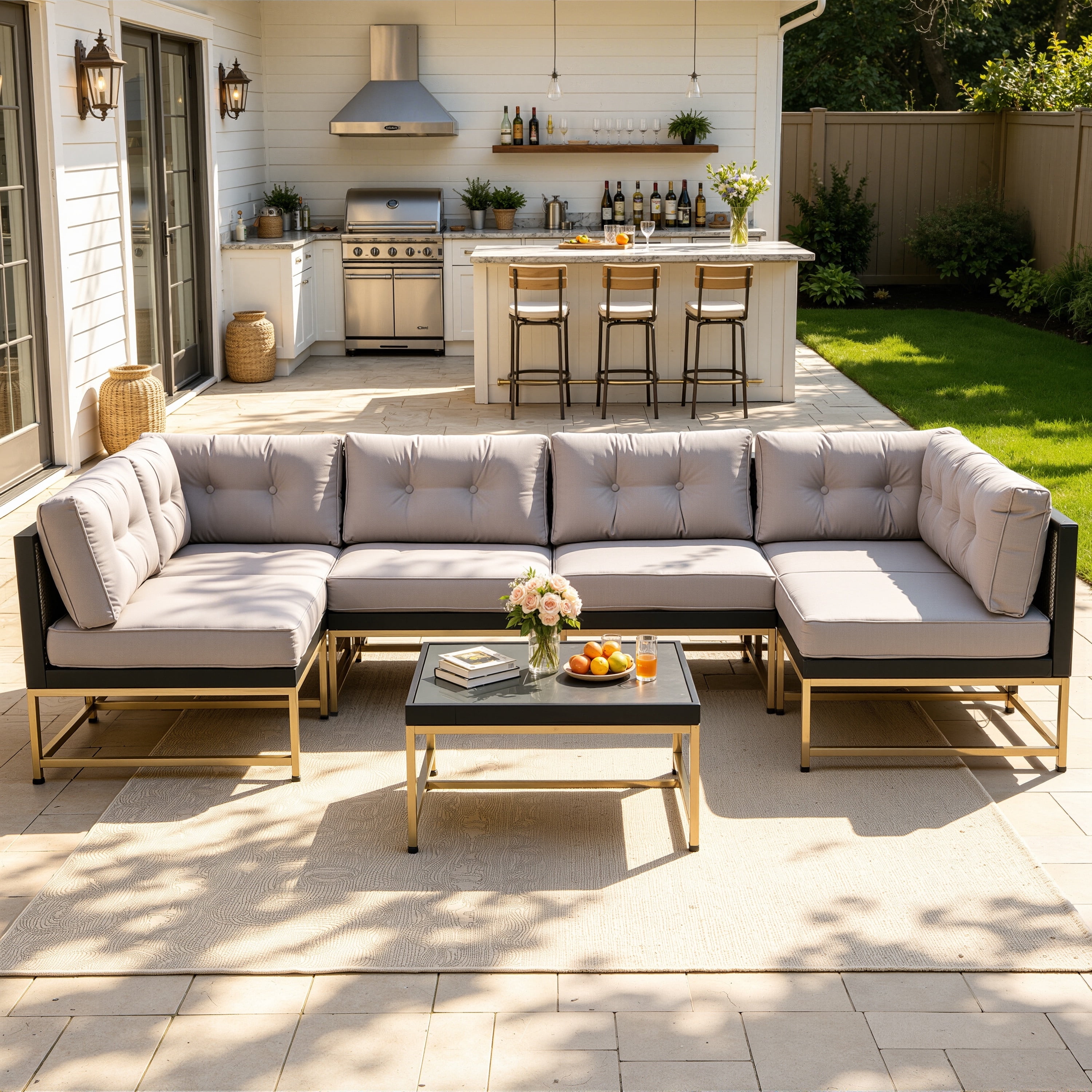 Patio Outdoor Furniture Sets, 7 Pieces All-Weather Rattan Sectional Sofa with Tea Table and Cushions, PE Rattan Wicker Sofa Couch Conversation Set for Garden Backyard Poolside